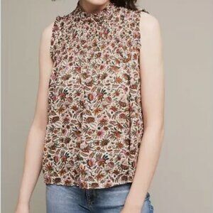 Anthropologie Maeve "Darby" Sleeveless Mockneck Smocked Floral Blouse